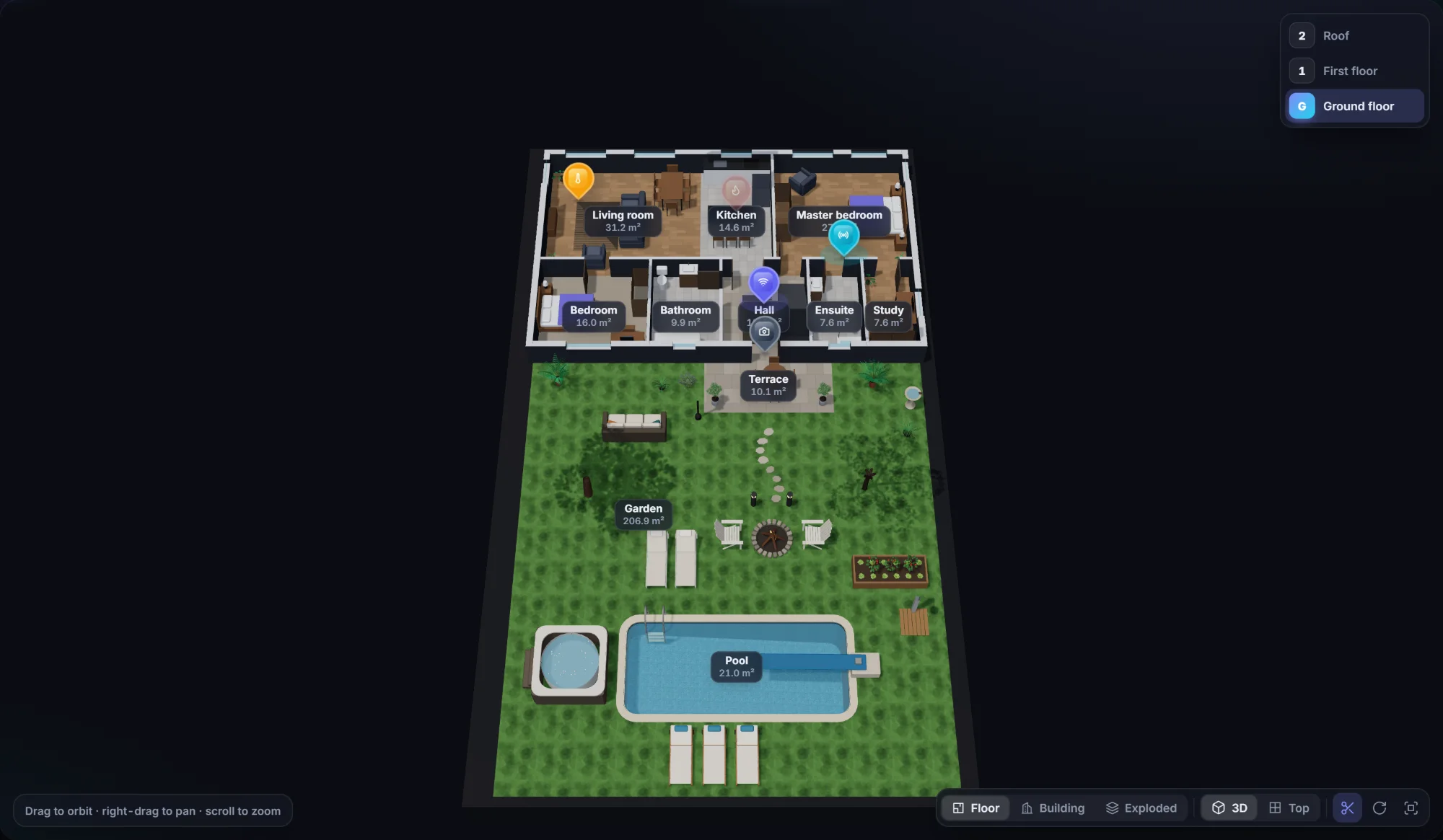 House ground floor in 3D, dark theme, walls cut away
