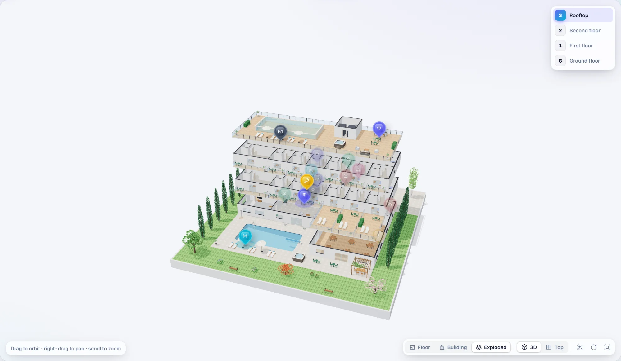 Exploded view: a three-storey hotel with a rooftop terrace, its floors pulled apart