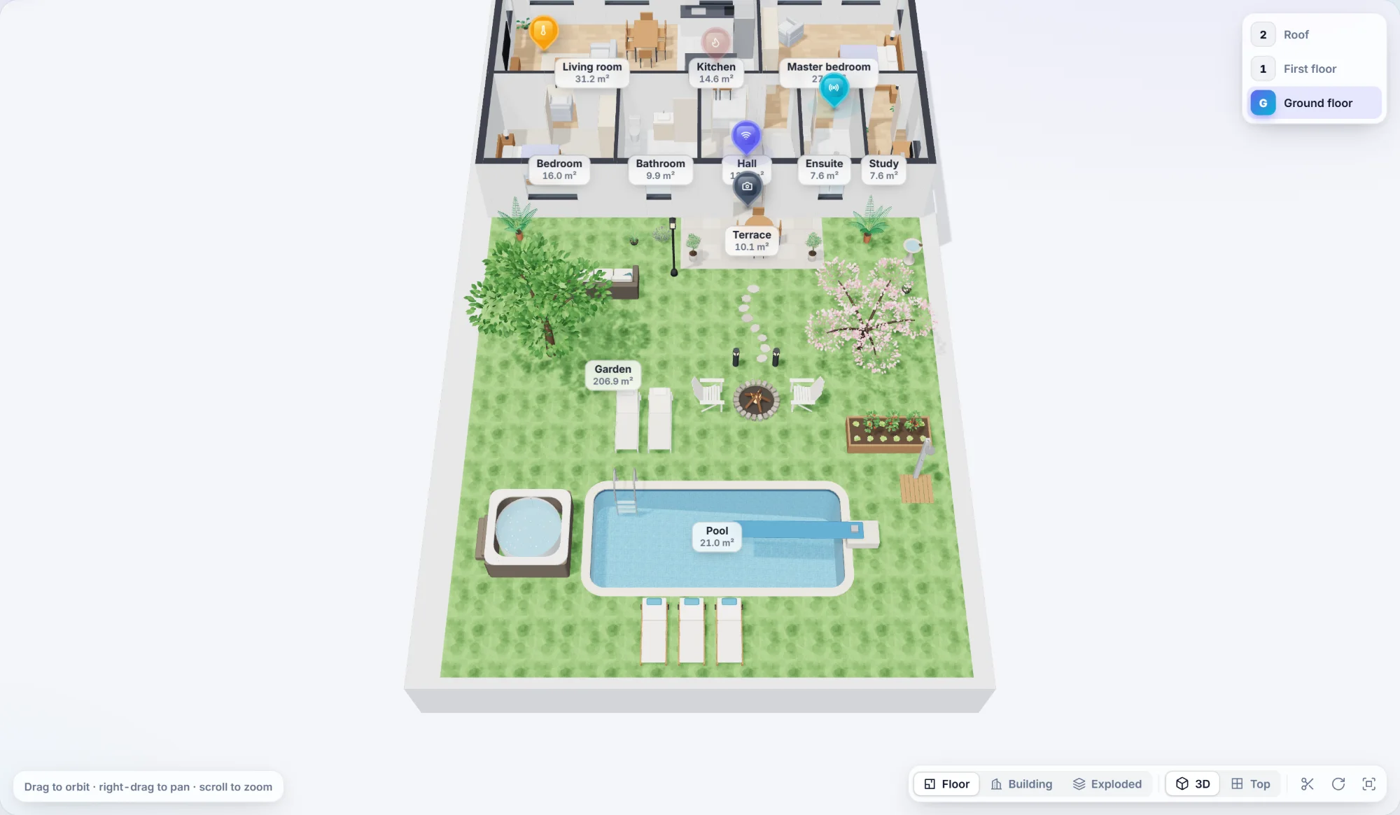 A garden in 3D: trees, loungers, a fire pit with chairs, stepping stones and a vegetable bed