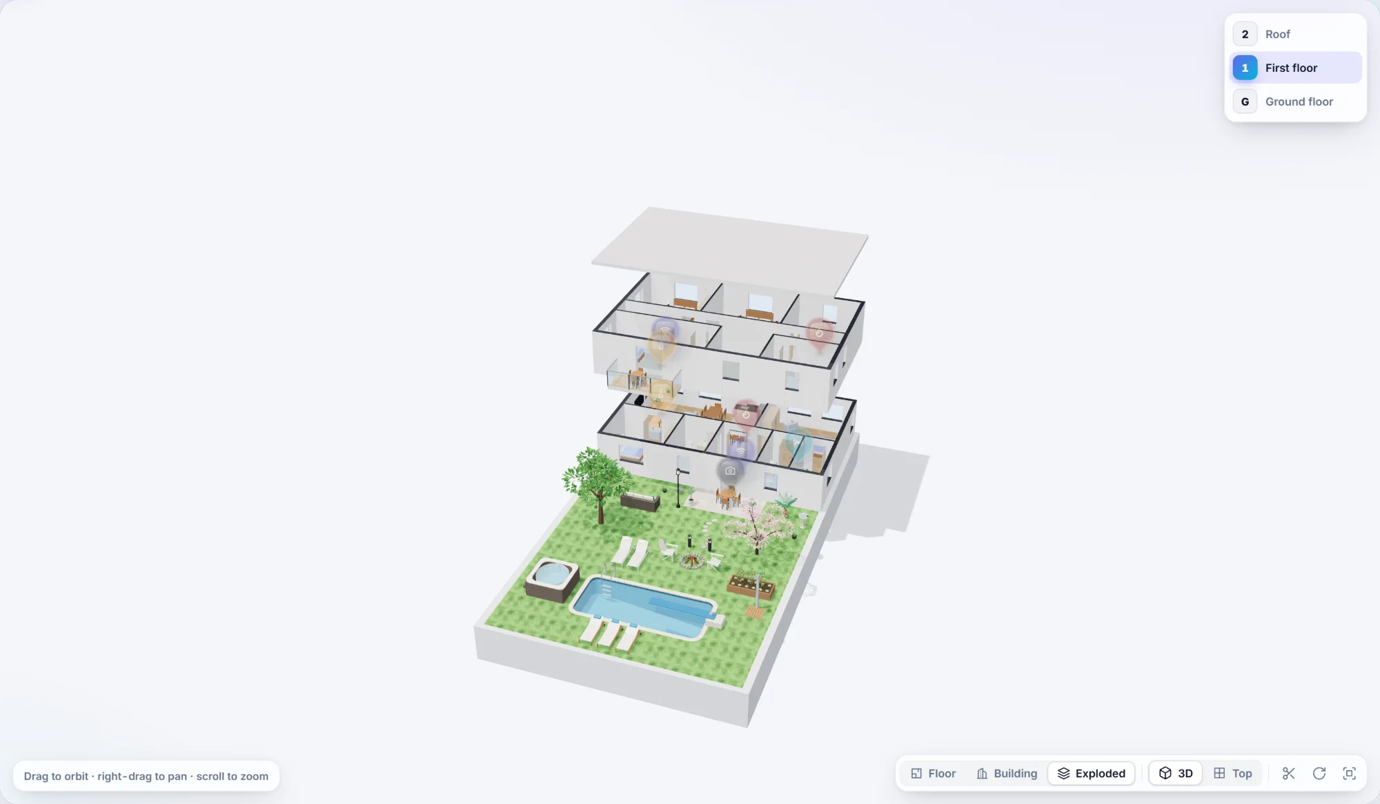 The two-storey house in exploded view: both floors pulled apart
