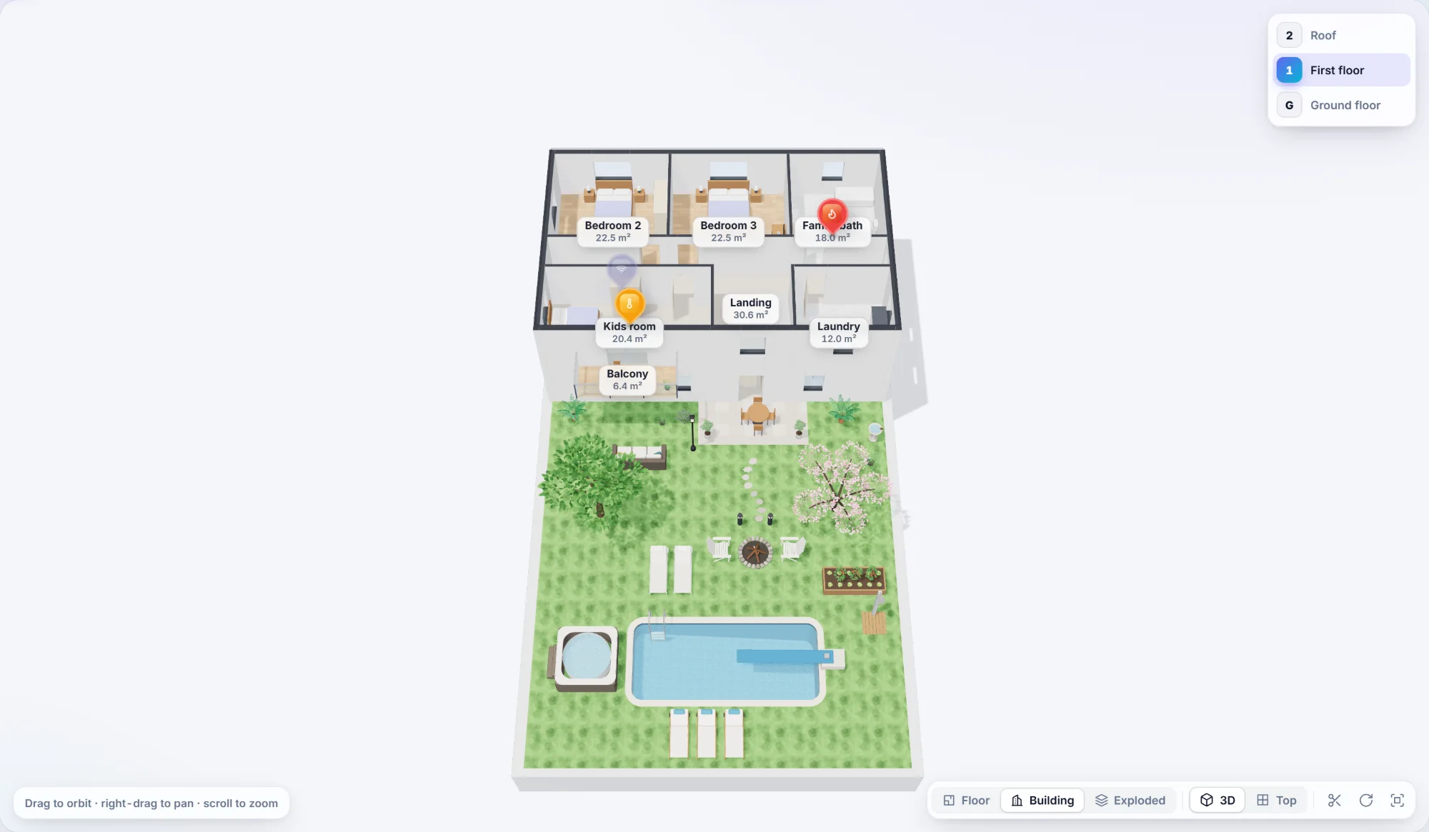 The same two-storey house in the 3D viewer: first floor on top of the ground floor, with balcony, garden and terrace