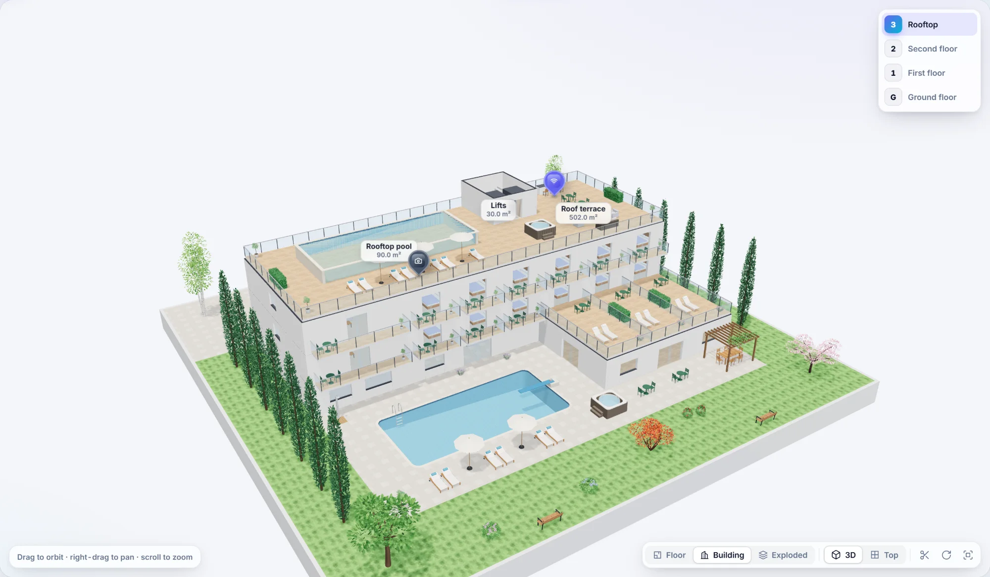 A hotel's rooftop terrace with a raised glass-front pool, loungers, a bar and a hot tub