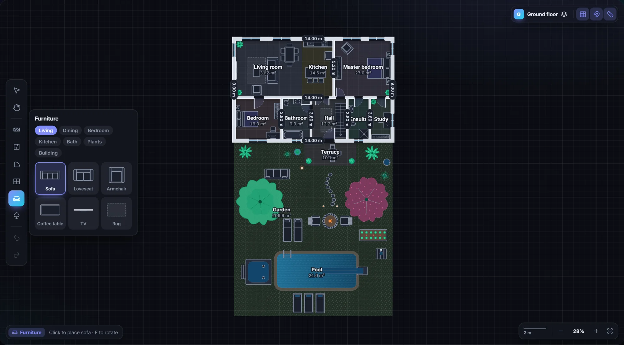 The editor in dark theme with the furniture catalogue open