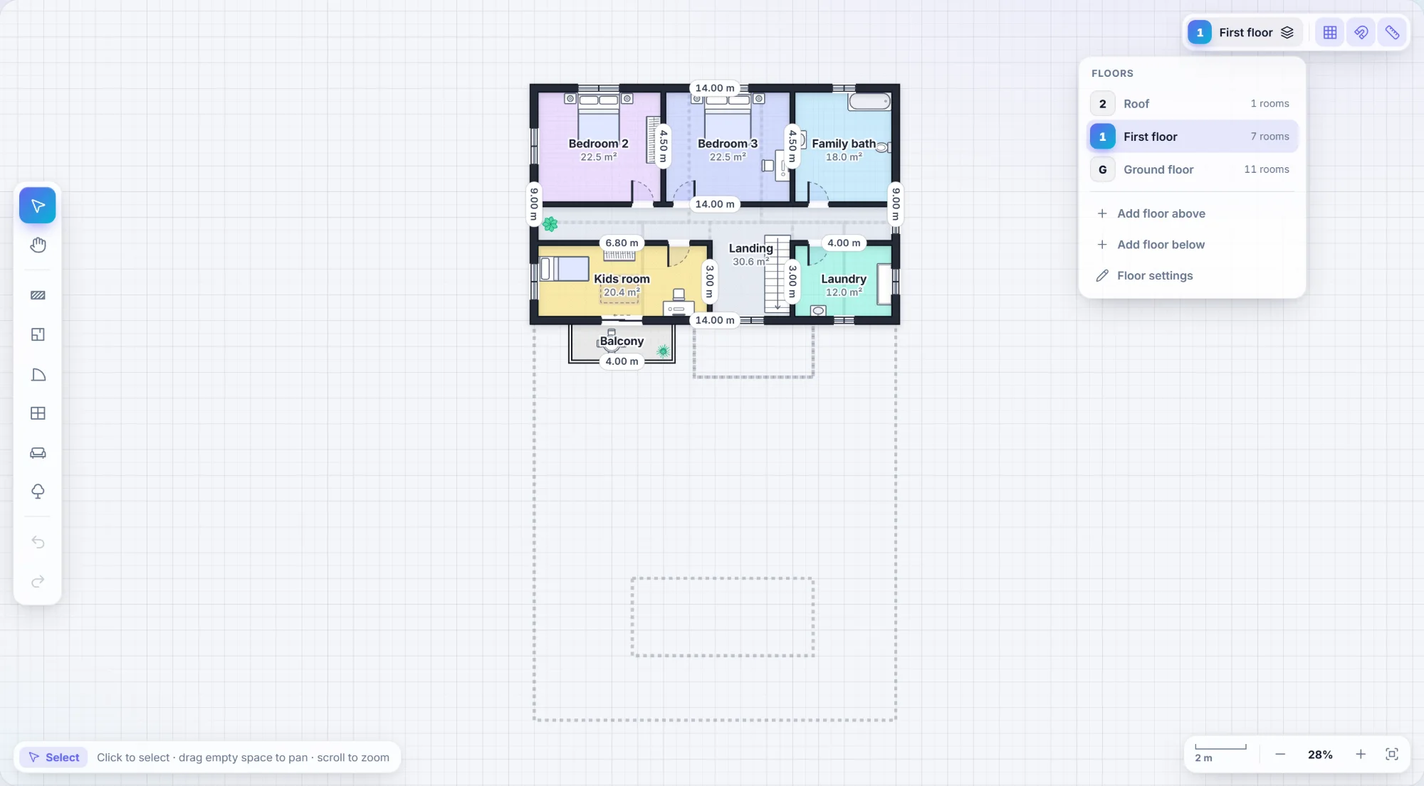 Editing the first floor, with the ground floor faintly underneath and the floor menu open