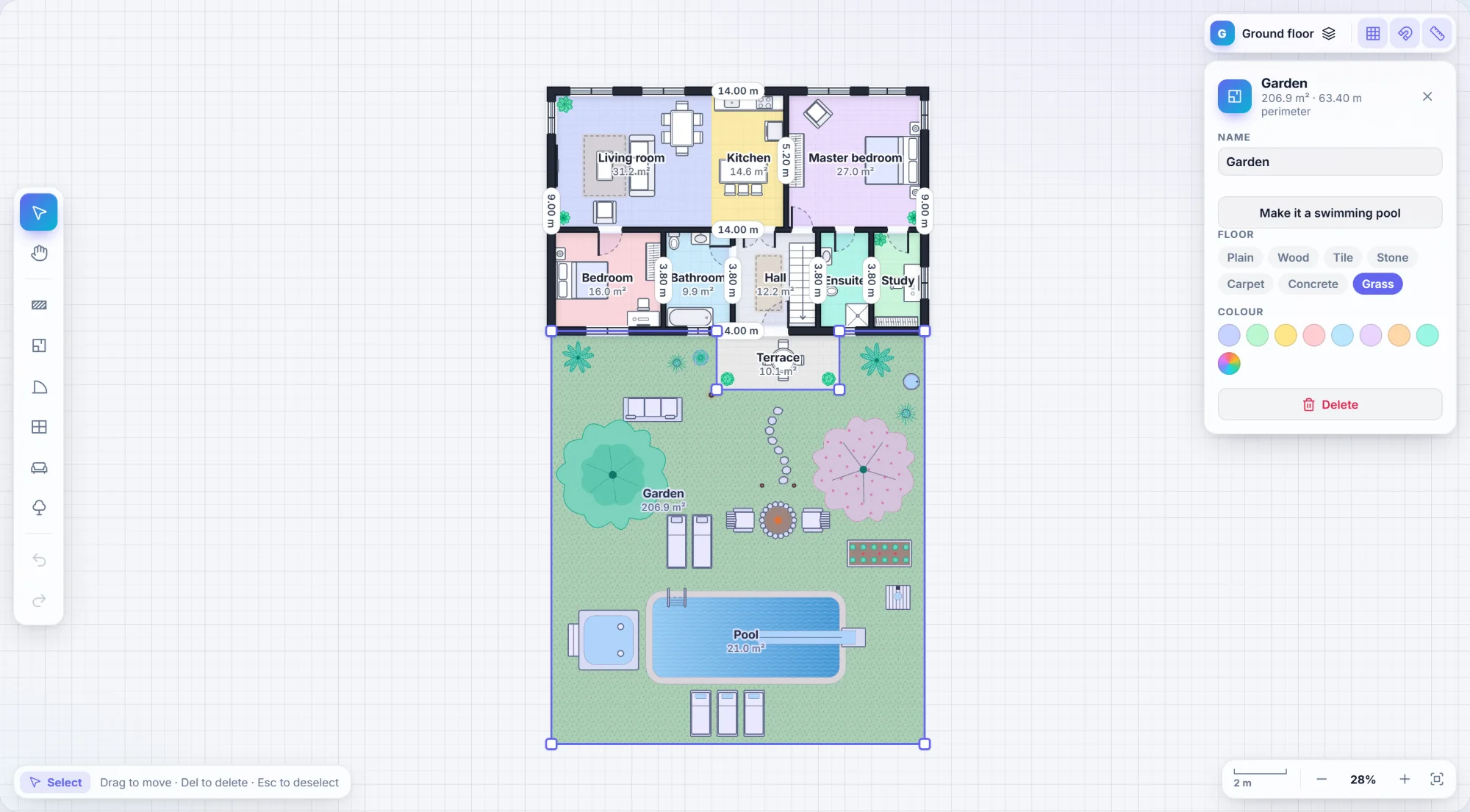 The 2D editor with a house, garden, furniture and the inspector panel