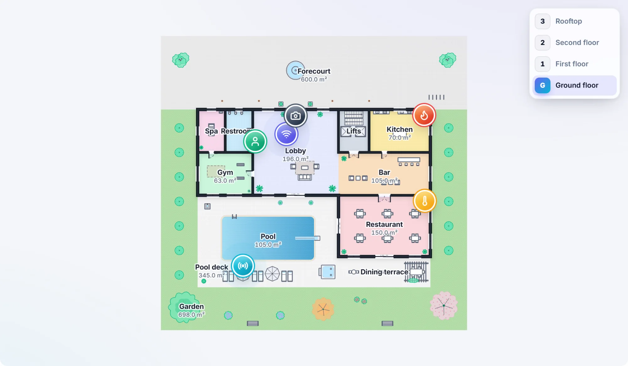 A building floor plan in the JBay Floorplan 2D viewer, with device markers