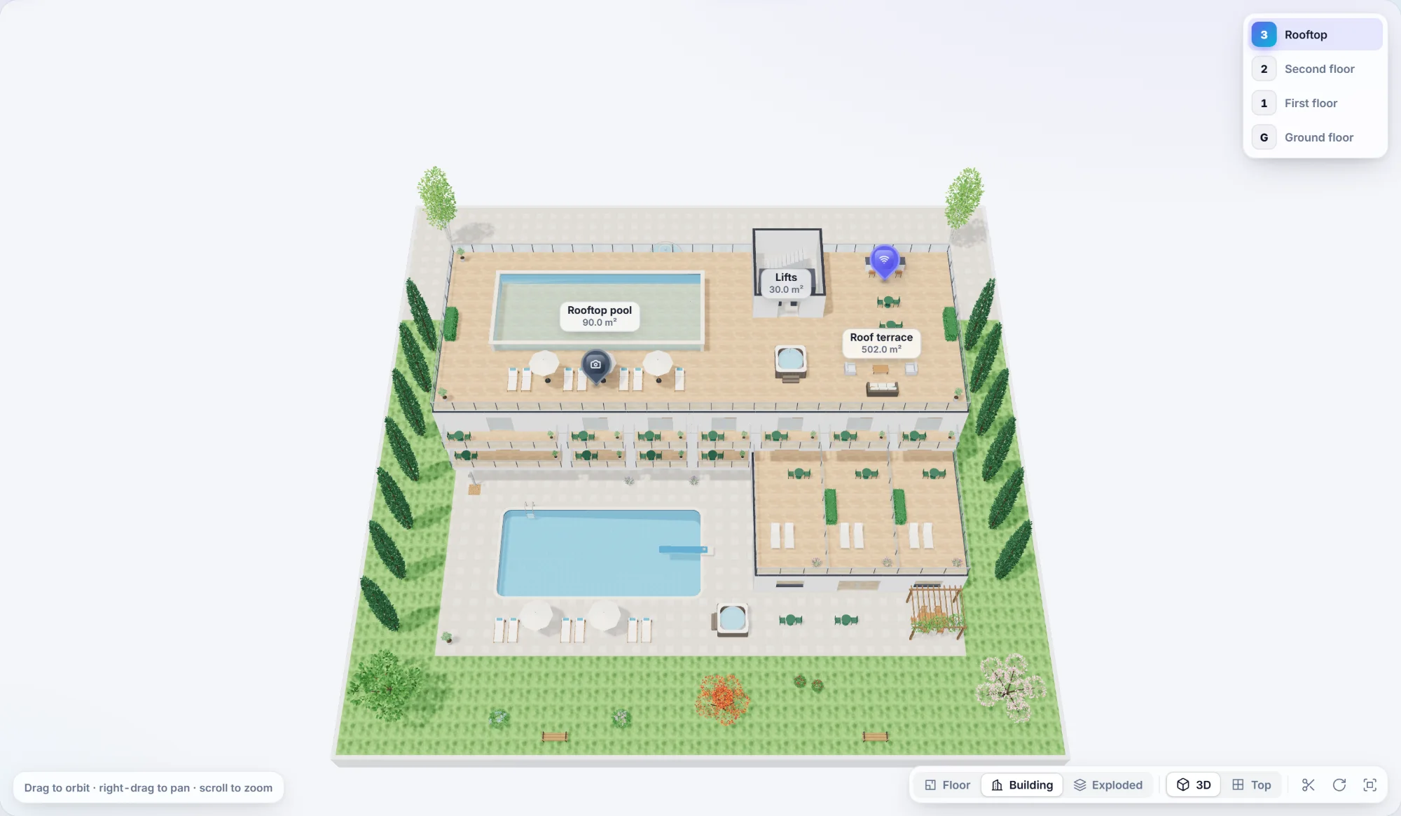 The hotel in 3D, light theme: coloured rooms, wood and stone floors, green gardens