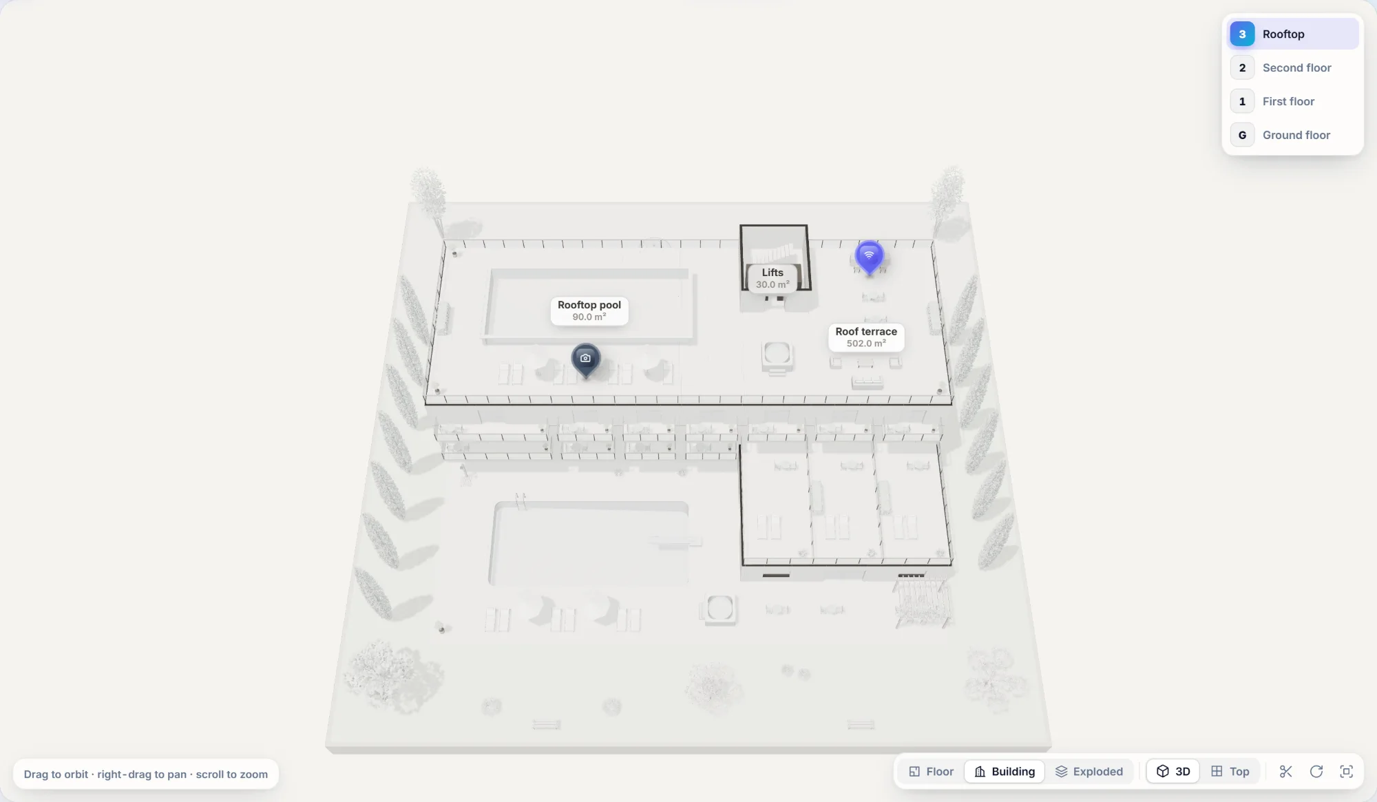 The hotel in 3D, paper theme: a warm white architectural model