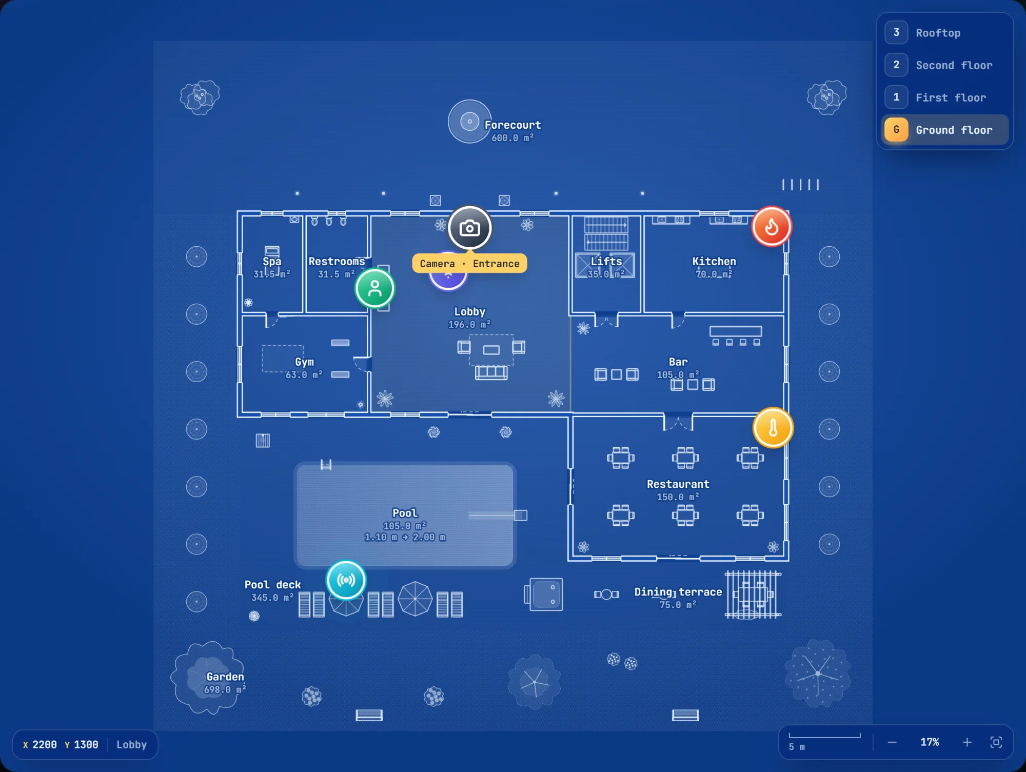Building floor in the blueprint theme with markers