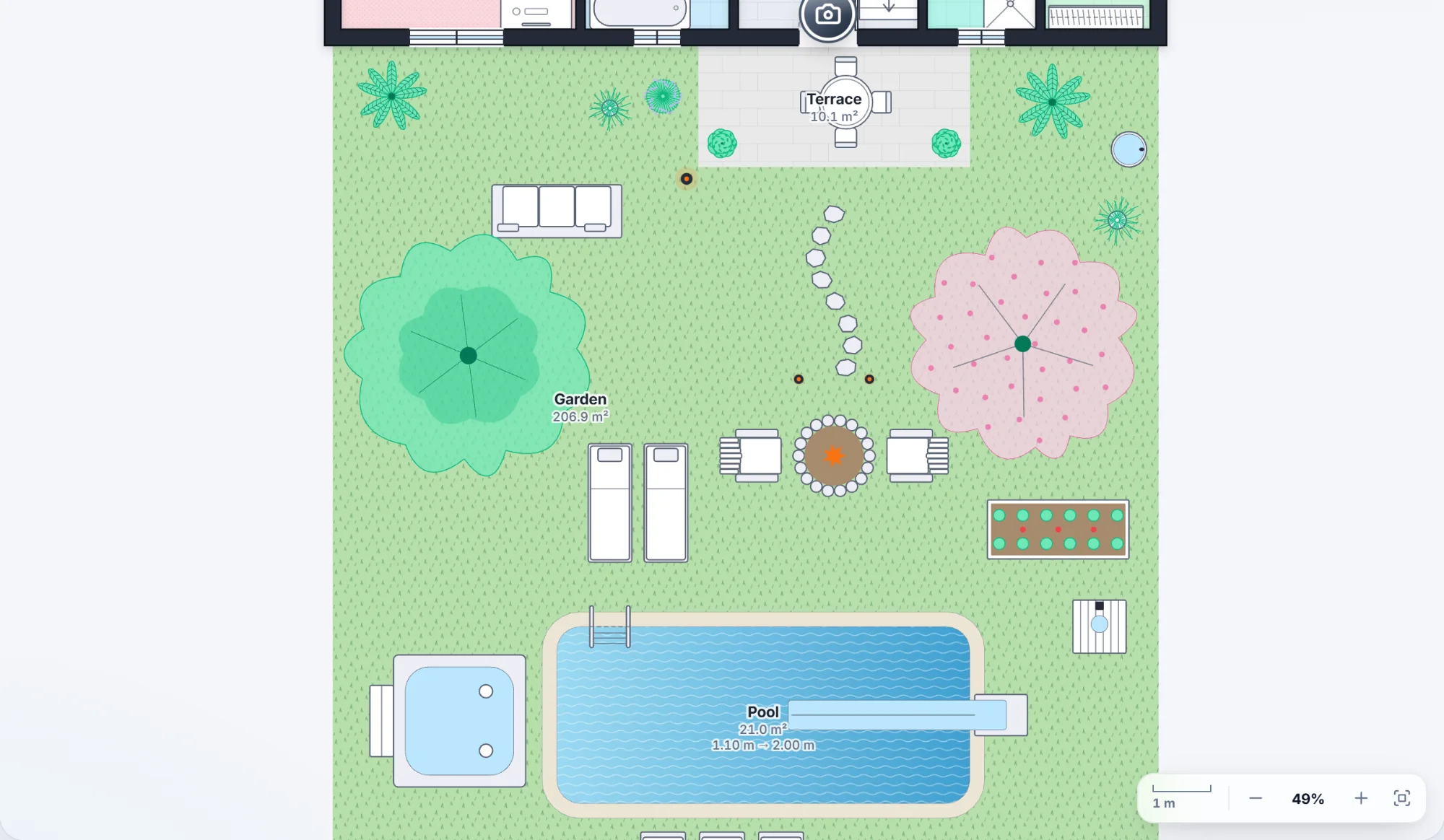 The same garden in the 2D viewer, with tree crowns, seating and paths