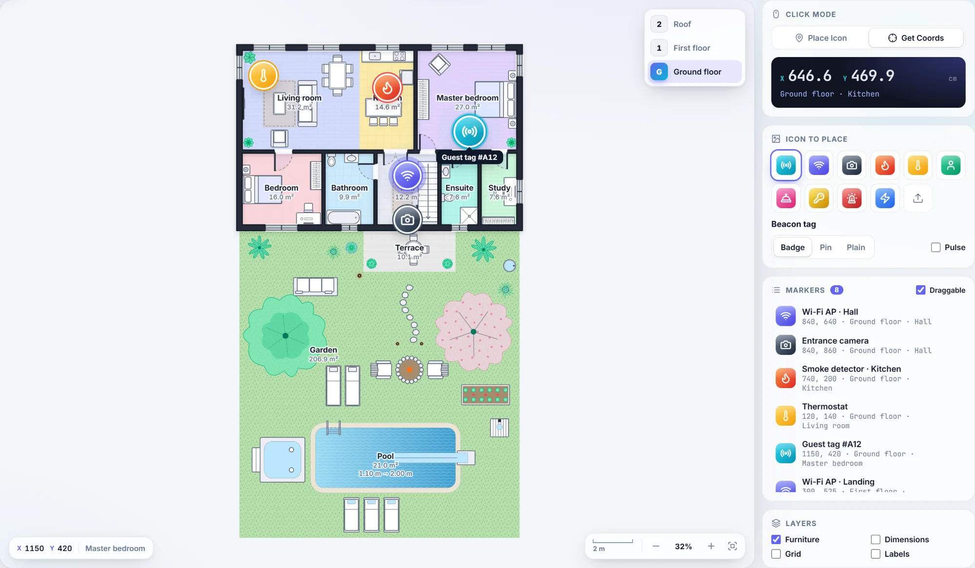 Viewer with markers list, coordinate readout and click event log
