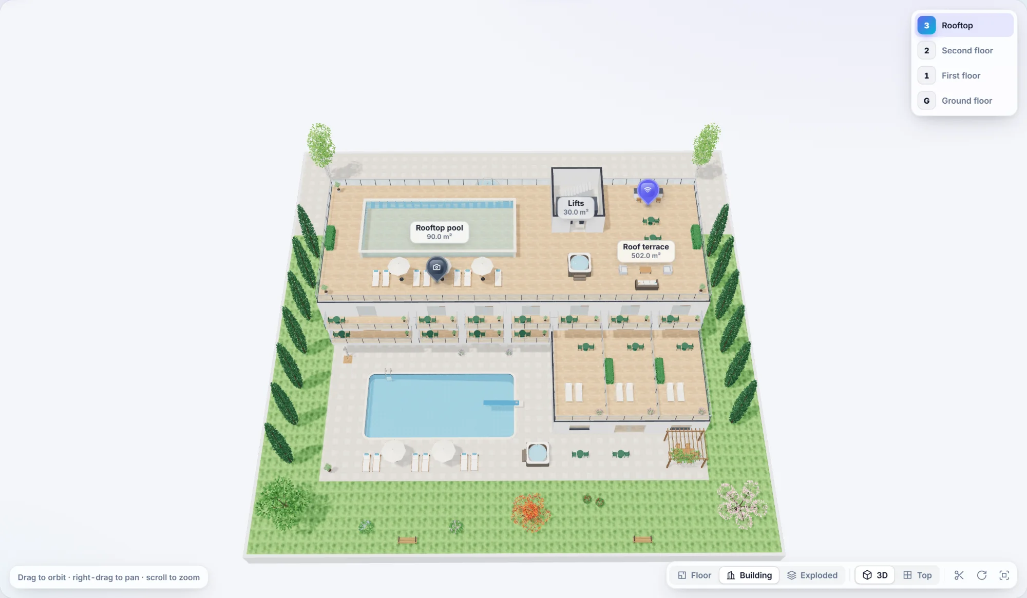 A hotel with its gardens and pool in the 3D viewer